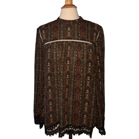 MAX STUDIO High Neck Lace Trimmed Baroque Print Keyhole Back Blouse Sz XL Multi - Picture 2 of 9